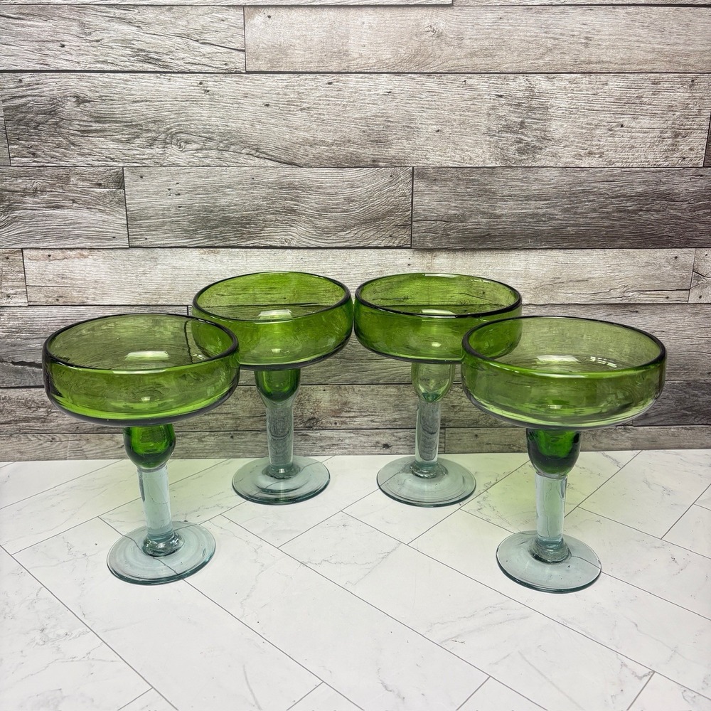 Mexican Margarita Glass Hand Blown Green - Set of Four